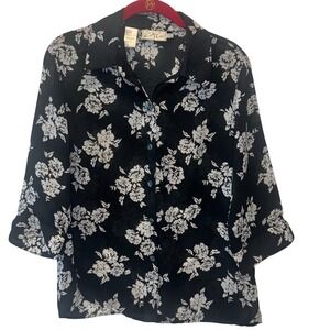 Vintage Kathy Che Black White Floral‎ Print Button Up Shirt Blouse Top Size S